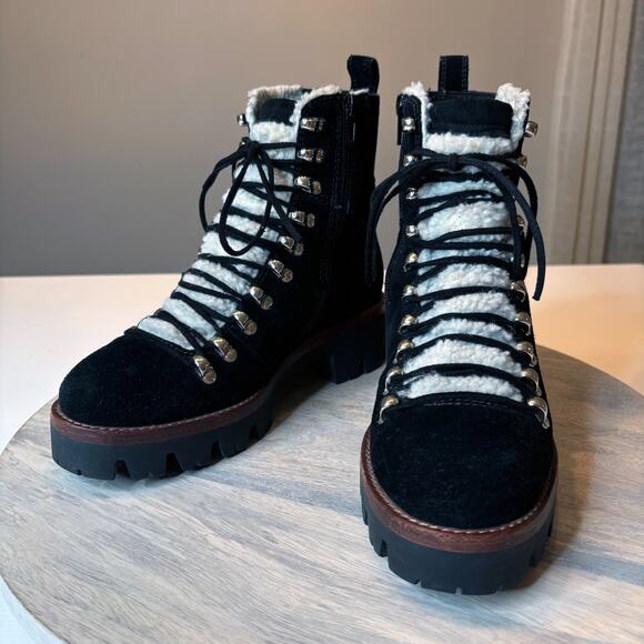 Jeffrey Campbell Black Suede Shearling Lace-Up Lug Sole Boots Women’s Size 7 - Picture 3 of 10